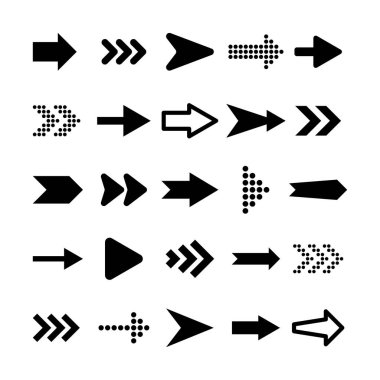 Beyaz Arkaplanda Siyah Oklar Ayarlandı. Ok, İmleç Simgesi. Vektör Noktaları Koleksiyonu. Geri, Sonraki Web Sayfası İşareti. 