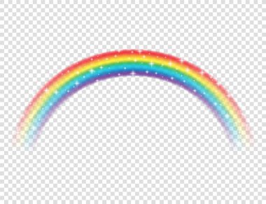 Şeffaf Arkaplanda Parlak Yıldızlı Soyut Gerçekçi Renkli Gökkuşağı. Vektör illüstrasyonu.