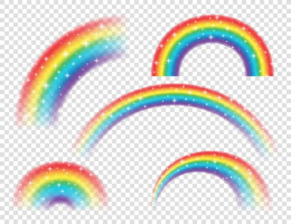 Abstrakte realistische bunte Regenbogen mit glänzenden Sternen auf transparentem Hintergrund. Vektorillustration. — Stockvektor