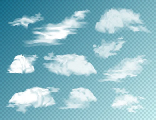 Conjunto de nubes realistas. Nube aislada sobre fondo transparente. Sky Panorama. Elemento de diseño vectorial . — Vector de stock