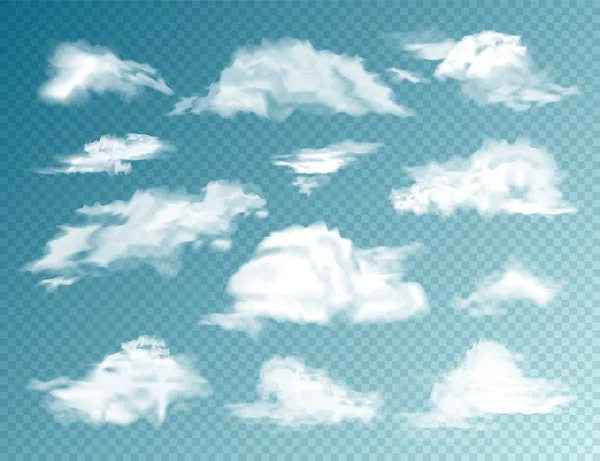 Conjunto de nubes realistas. Nube aislada sobre fondo transparente. Sky Panorama. Elemento de diseño vectorial . — Archivo Imágenes Vectoriales