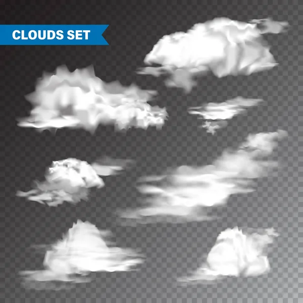 Realistické mraky nastavené. Izolovaný mrak na průhledném pozadí. Nebeský Panorama. Prvek návrhu vektoru. — Stockový vektor