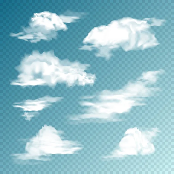 Conjunto de nubes realistas. Nube aislada sobre fondo transparente. Sky Panorama. Elemento de diseño vectorial . — Vector de stock