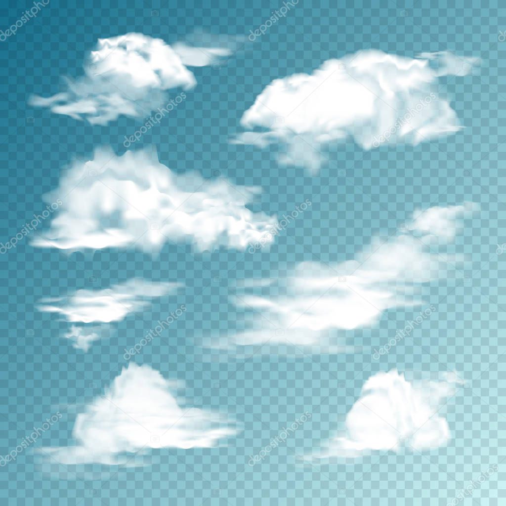 Realistic Clouds Set. Isolated Cloud on Transparent Background. Sky Panorama. Vector Design Element.