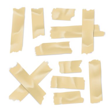 Yapışkan bant seti. Yapışkan kağıt şerit beyaz arka plan üzerinde izole. Vektör çizimi.