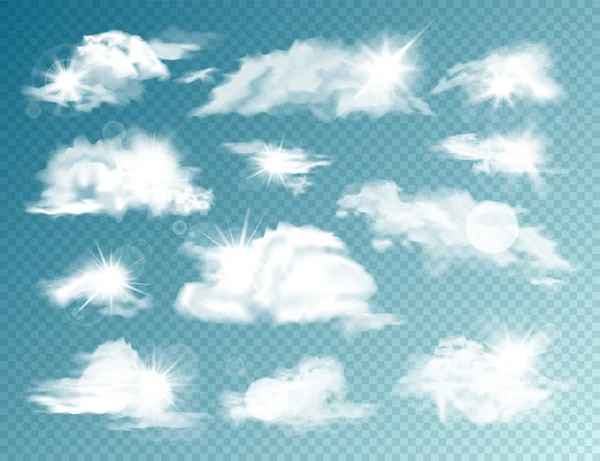 Nubes realistas con colección Sun. Nube aislada sobre fondo transparente. Sky Panorama con destello de luz solar. Elemento de diseño vectorial . — Archivo Imágenes Vectoriales