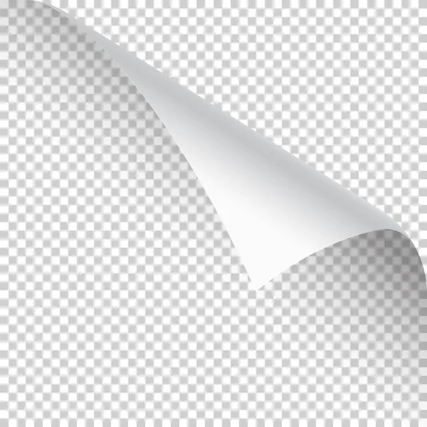 Rincón de página rizada con sombra sobre fondo transparente. Hoja de papel en blanco. Ilustración vectorial . — Vector de stock