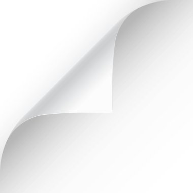 Saydam arka planda gölgesi olan kıvrık sayfa köşesi. Boş bir kağıt parçası. Vektör illüstrasyonu.