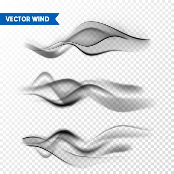 透明な背景に設定された現実的な風。空気中のベクトル蒸気、煙蒸気の流れ。霧、ミスト効果. — ストックベクタ