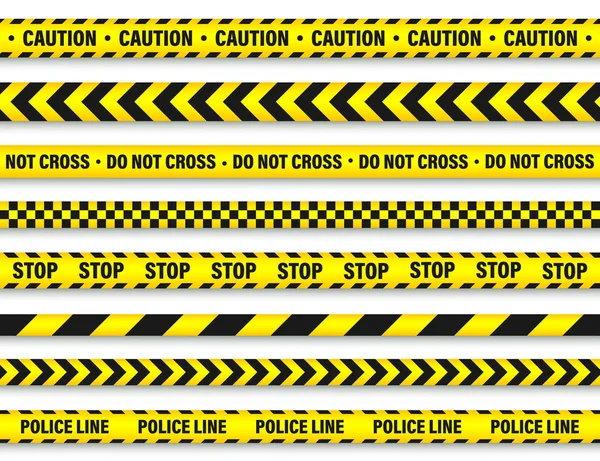 Sarı ve Siyah Barikat Yapım Bandı. Polis Uyarı Hattı. Parlak Renkli Tehlike veya Tehlike Şeridi. Vektör çizimi.