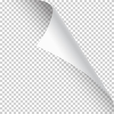 Saydam arka planda gölgesi olan kıvrık sayfa köşesi. Boş bir kağıt parçası. Vektör illüstrasyonu.