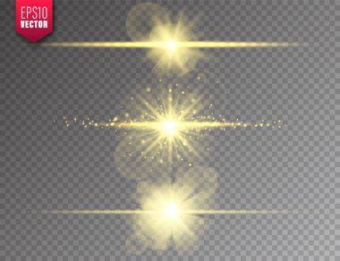 Parlak ışıklar saydam arka plana ayarlanır. Lens parlama etkisi. Parlak parıltı, güneş ışığı. Vektör çizimi.