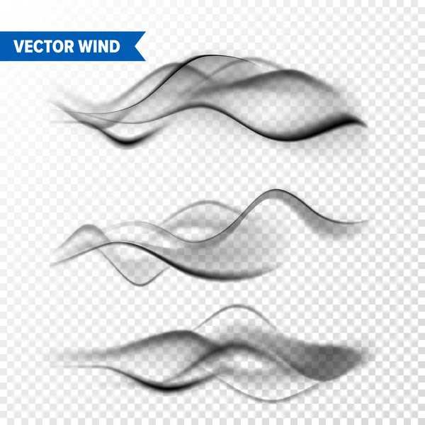 Realistische wind ingesteld op transparante achtergrond. Vector damp in lucht, rook stoom stroom. Mist, mist effect. — Stockvector