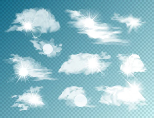 Realistische Wolken mit Sonneneinstrahlung. isolierte Wolke auf transparentem Hintergrund. Himmelspanorama mit Sonnenlicht-Fackel. Vektordesign-Element. — Stockvektor
