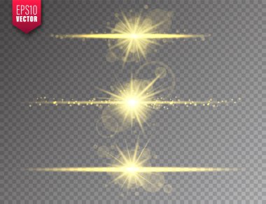 Parlak ışıklar saydam arka plana ayarlanır. Lens parlama etkisi. Parlak parıltı, güneş ışığı. Vektör çizimi.