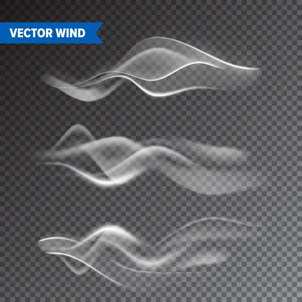 Realistische wind ingesteld op transparante achtergrond. Vector damp in lucht, rook stoom stroom. Mist, mist effect. — Stockvector