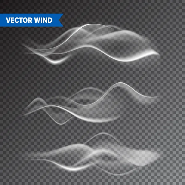 Realistische wind ingesteld op transparante achtergrond. Vector damp in lucht, rook stoom stroom. Mist, mist effect. — Stockvector