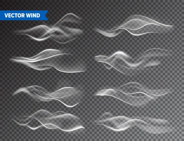 Realistische wind ingesteld op transparante achtergrond. Vector damp in lucht, rook stoom stroom. Mist, mist effect. — Stockvector