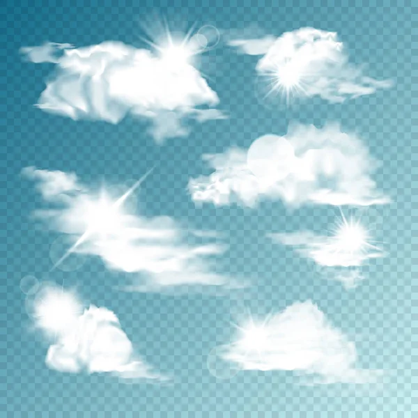 태양 컬렉션과 현실적인 구름. 투명 배경에 격리된 구름. 햇빛 플레어와 하늘 파노라마입니다. 벡터 디자인 요소. — 스톡 벡터