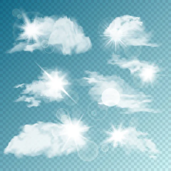 Nubes realistas con colección Sun. Nube aislada sobre fondo transparente. Sky Panorama con destello de luz solar. Elemento de diseño vectorial . — Vector de stock
