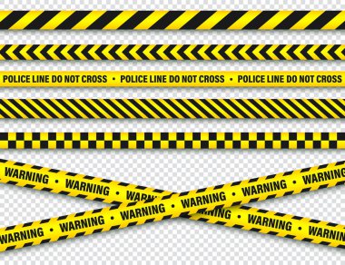 Sarı ve Siyah Barikat Yapım Bandı. Polis Uyarı Hattı. Parlak Renkli Tehlike veya Tehlike Şeridi. Vektör çizimi.