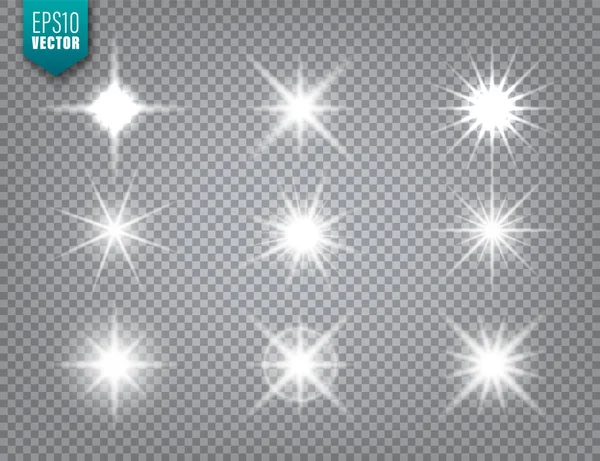 Gloeiend licht op transparante achtergrond collectie. Lens flare-effect. Felle sprankelende flits, zonlicht. Vector illustratie. — Stockvector