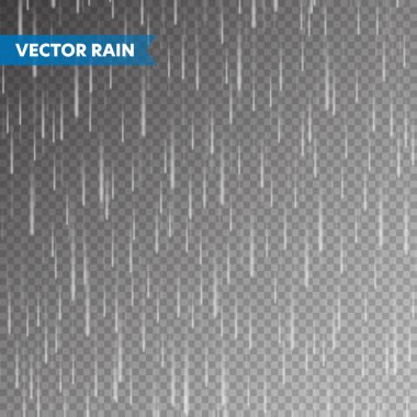 Şeffaf arkaplanda gerçekçi yağmur dokusu. Yağmur, su damlası etkisi. Sonbahar yağmurlu günü. Vektör illüstrasyonu.