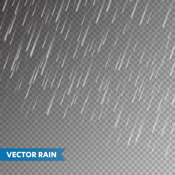 Textura de lluvia realista sobre fondo transparente. Lluvias, gotas de agua efecto. Otoño húmedo día lluvioso. Ilustración vectorial. — Archivo Imágenes Vectoriales