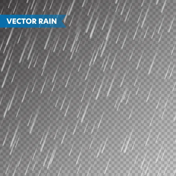 Struttura pioggia realistica su sfondo trasparente. Piogge, effetto gocce d'acqua. Autunno bagnato giorno di pioggia. Illustrazione vettoriale. — Vettoriale Stock