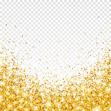 Şeffaf Vektör Arkaplanda Parıldayan Altın Parıltı. Altın Kırıntılarıyla Düşen Parlak Konfeti. Noel ya da Yeni Yıl Kutlama Kartı İçin Parlayan Işık Efekti.