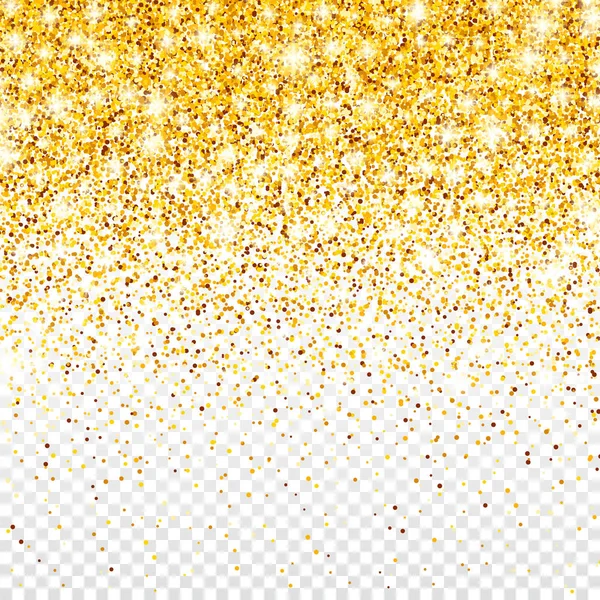 Jiskřivý zlatý třpyt na průhledném vektorovém pozadí. Falling Shiny Confetti with Gold Shards. Zářící světelný efekt na vánoční nebo novoroční přání. — Stockový vektor