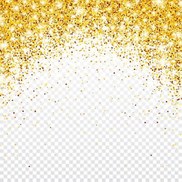 Brilho dourado cintilante em fundo vetorial transparente. Caindo Confetti brilhante com cacos de ouro. Efeito de luz brilhante para o Natal ou Ano Novo cartão de saudação. — Vetor de Stock