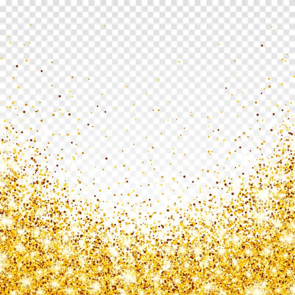 Brillo dorado brillante sobre fondo vectorial transparente. Caída de Confetti Brillante con fragmentos de oro. Efecto de luz brillante para la tarjeta de felicitación de Navidad o Año Nuevo. — Vector de stock