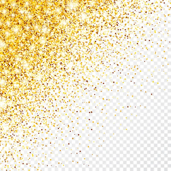 Csillogó arany csillogás az átlátszó vektor háttér. Falling Shiny Confetti arany szilánkokkal. Ragyogó fényeffektus karácsonyra vagy újévi üdvözlőkártyára. — Stock Vector