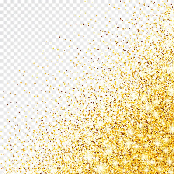 Sparkling Golden Glitter σε διαφανές διανυσματικό φόντο. Πέφτουν γυαλιστερά κομφετί με χρυσά θραύσματα. Λαμπερό εφέ φωτός για τα Χριστούγεννα ή το Νέο Έτος Ευχετήρια κάρτα. — Διανυσματικό Αρχείο