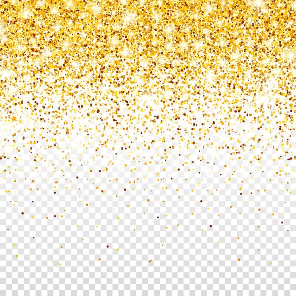 Csillogó arany csillogás az átlátszó vektor háttér. Falling Shiny Confetti arany szilánkokkal. Ragyogó fényeffektus karácsonyra vagy újévi üdvözlőkártyára. — Stock Vector