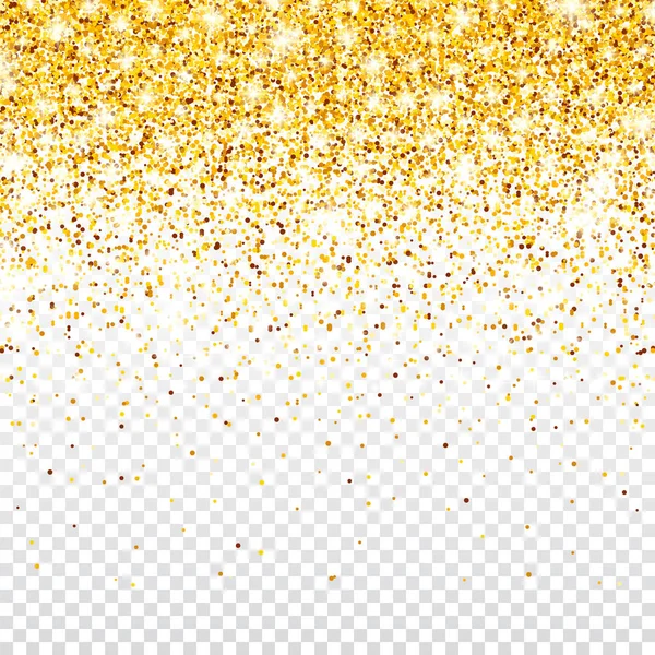 Glittrande gyllene glitter på genomskinlig vektor bakgrund. Fallande Shiny Confetti med guldskärvor. Glänsande ljus effekt för jul eller nyår gratulationskort. — Stock vektor