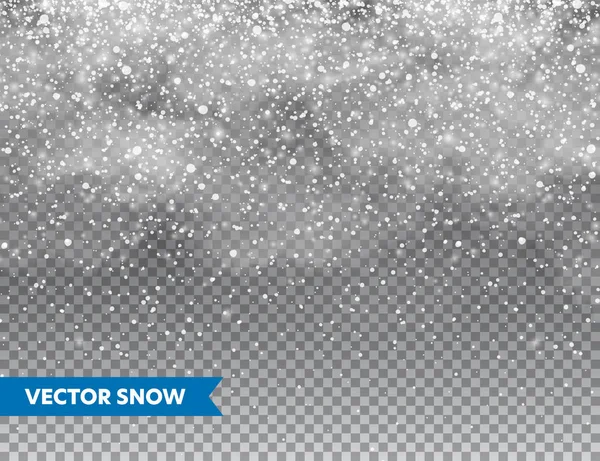 Reális hóesés a hópelyhek és a felhők. Télen átlátszó háttér karácsonyra vagy újévi kártyára. Fagy vihar hatása, havazás, jég. Vektoros illusztráció. — Stock Vector