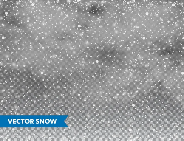 Realistisk fallande snö med snöflingor och moln. Vinter transparent bakgrund för jul eller nyår kort. Frost Storm Effect, snöfall, is. Vektor illustration. — Stock vektor