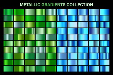 Yeşil, mavi parlak degrade, metal folyo doku. Renkli swatch seti. Yüksek kaliteli vektör gradyanlarının toplanması. Parlak metalik arka plan. Tasarım öğesi.