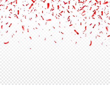 Noel, sevgililer günü şeffaf arka planda kırmızı konfeti. Parlak bir parıltı düşüyor. Parti tasarım elementleri.