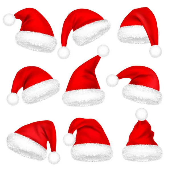 Noel Noel Baba şapkaları kürk ile ayarlayın. Yeni yıl beyaz zemin üzerine kırmızı şapka izole. Kış kep. Vektör çizim. — Stok Vektör