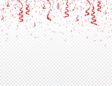 Noel, sevgililer günü kırmızı konfeti şeffaf arka planda kurdeleyle. Parlak bir parıltı düşüyor. Parti tasarım elementleri.