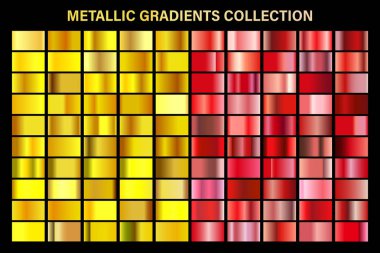 Yakut kırmızı ve altın, sarı parlak gradyan, altın metal folyo doku. Renkli swatch seti. Yüksek kaliteli vektör gradyanlarının toplanması. Parlak metalik arka plan. Tasarım öğesi.