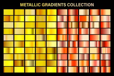 Altın, sarı ve turuncu bronz degrade, altın metal folyo doku. Renkli swatch seti. Yüksek kaliteli vektör gradyanlarının toplanması. Parlak metalik arka plan. Tasarım öğesi.
