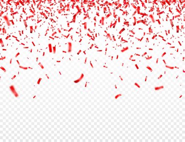 Noel, sevgililer günü şeffaf arka planda kırmızı konfeti. Parlak bir parıltı düşüyor. Parti tasarım elementleri.