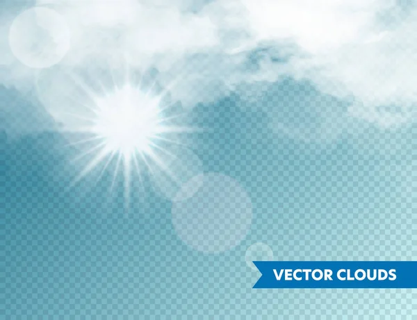 Реалістичні хмари з сонцем відблиску. Ізольована хмара на синьому прозорим фоні. Sky панорама. Векторний елемент дизайну. — стоковий вектор