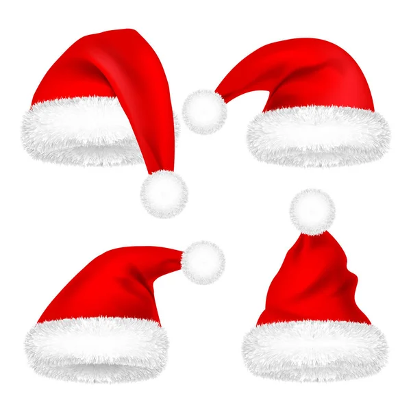 Ορίστε Χριστούγεννα καπέλα Άγιου Βασίλη με γούνα. Νέο έτος κόκκινο καπέλο που απομονώνονται σε λευκό φόντο. Καπάκι χειμώνα. Εικονογράφηση διάνυσμα. — Διανυσματικό Αρχείο