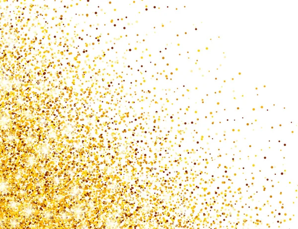 Glittrande gyllene glitter på vit vektor bakgrund. Fallande Shiny Confetti med guldskärvor. Glänsande ljus effekt för jul eller nyår gratulationskort. — Stock vektor
