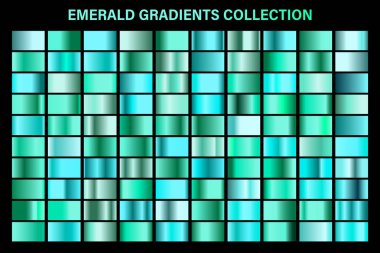 Yeşil, zümrüt parlak degrade, metal folyo doku. Renkli swatch seti. Yüksek kaliteli vektör gradyanlarının toplanması. Parlak metalik arka plan. Tasarım öğesi.